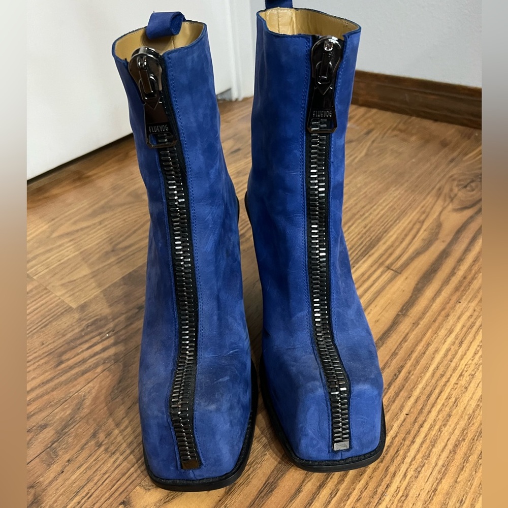 Fluevog Stand Up "Judd" Front-Zip Platform Boots, 8, Blue